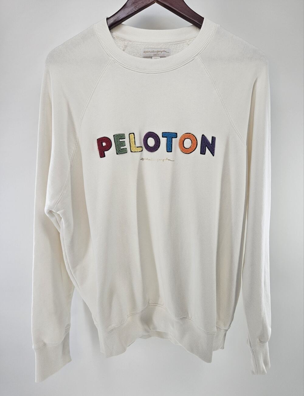 Spiritual Gangster x Peloton Sweatshirt Womens M White Chenille Logo Crewneck